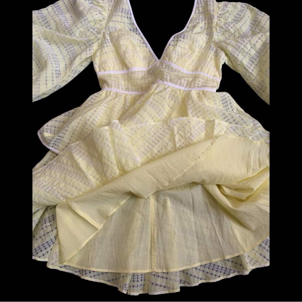 STAUD Yellow Sheer Organza Tiered Mini Dress Puff Sleeve V Neck Size 2 NWOT - Picture 11 of 12